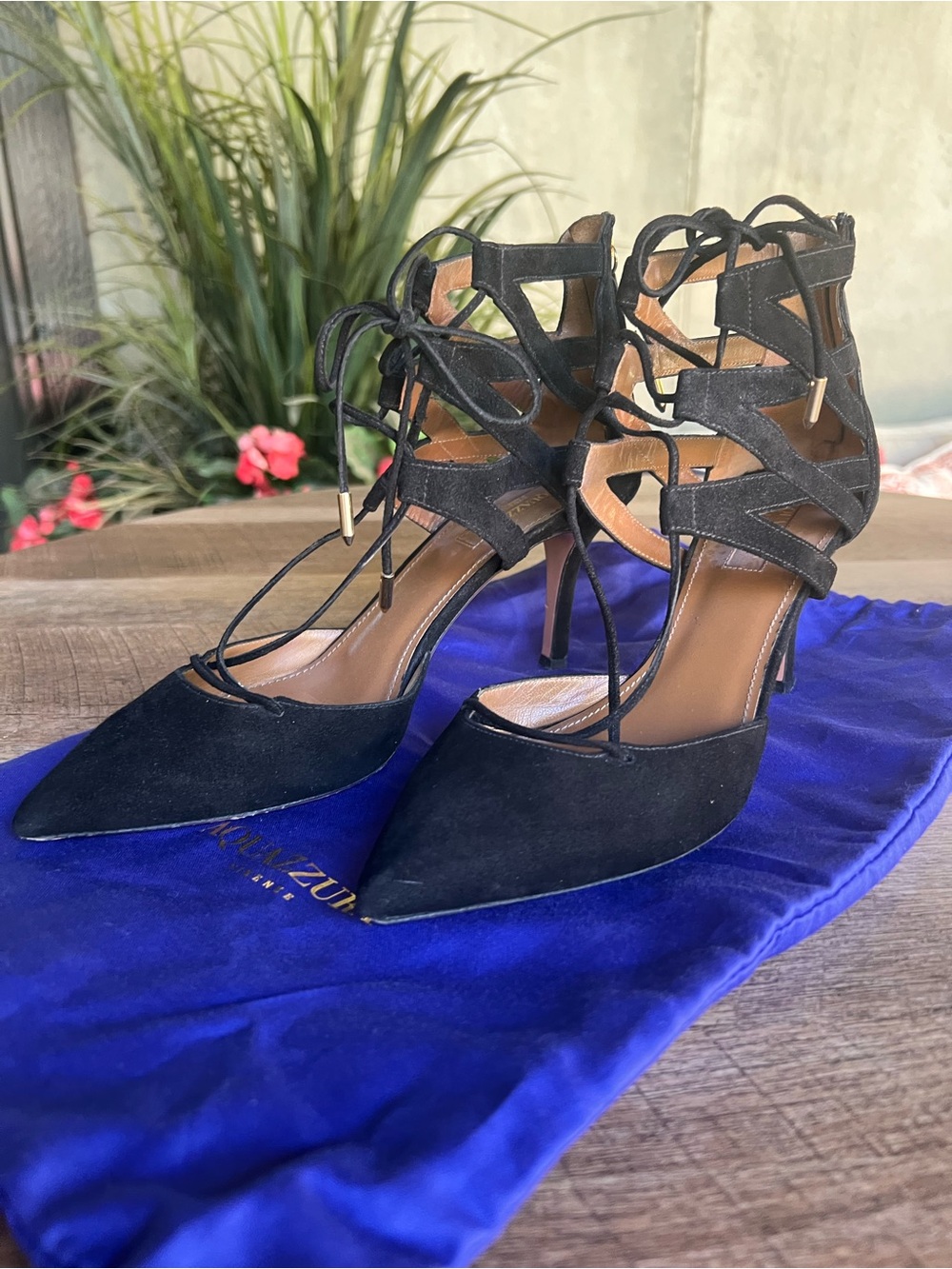 Aquazzura Black Suede Lace-Up Pointed-Toe Heels